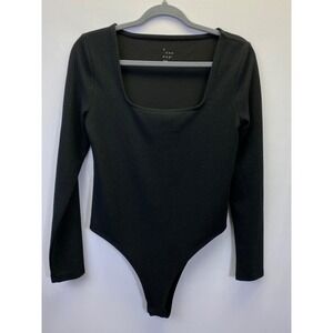 A New Day Womens L Black Ribbed Square Neck Bodysuit Minimal Chic